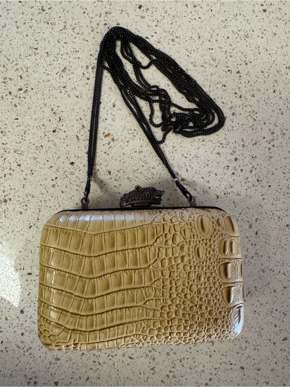 House of Harlow - Croc-Embossed Leather Evening Clutch in Pale Yellow